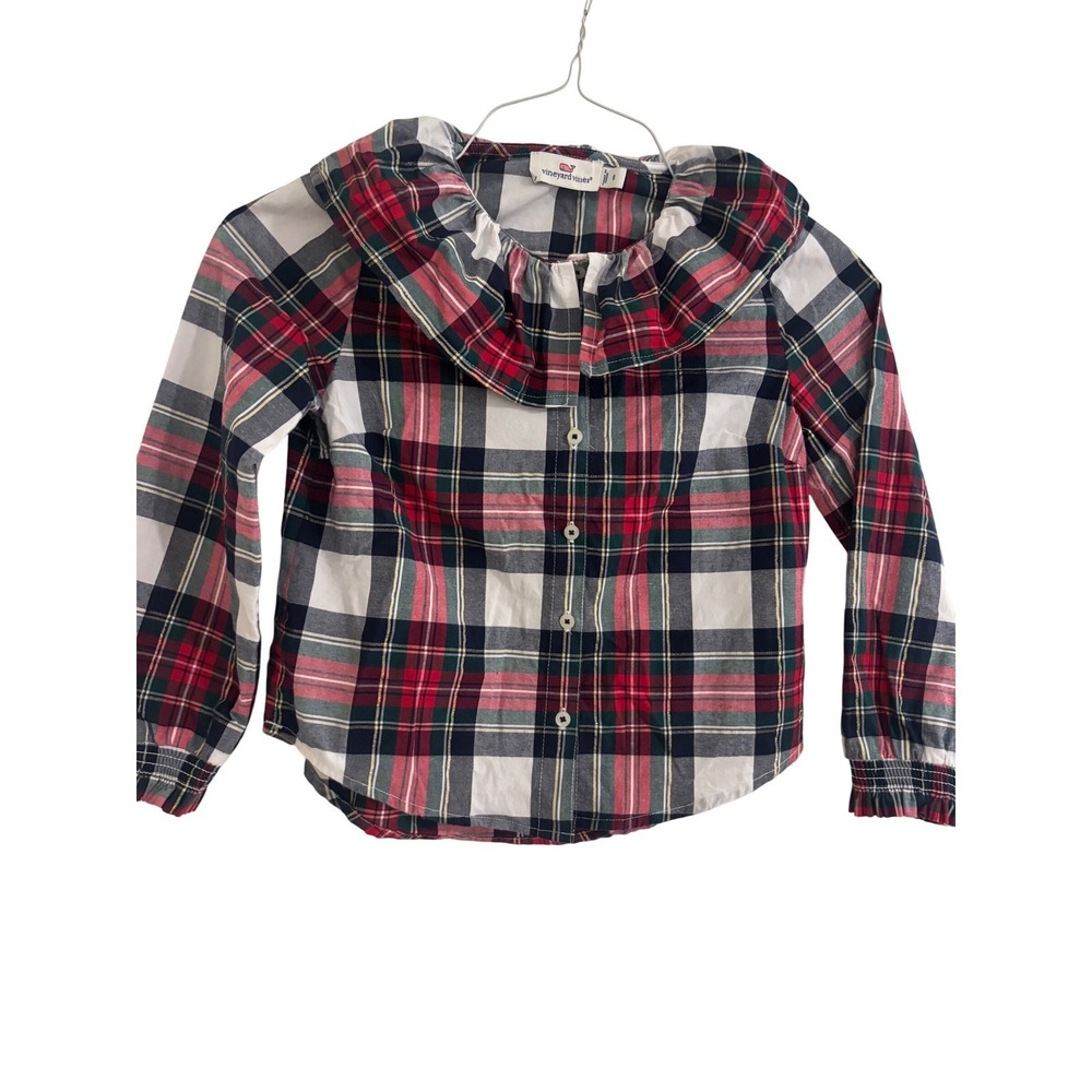 Vineyard Vines Button Down Shirt Kids Size 8 Plaid Ruffled Collar Fall Fashion